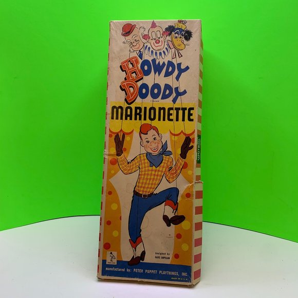 VTG 1952 Howdy Doody Marionette by: Peter Puppet Box has some damage.